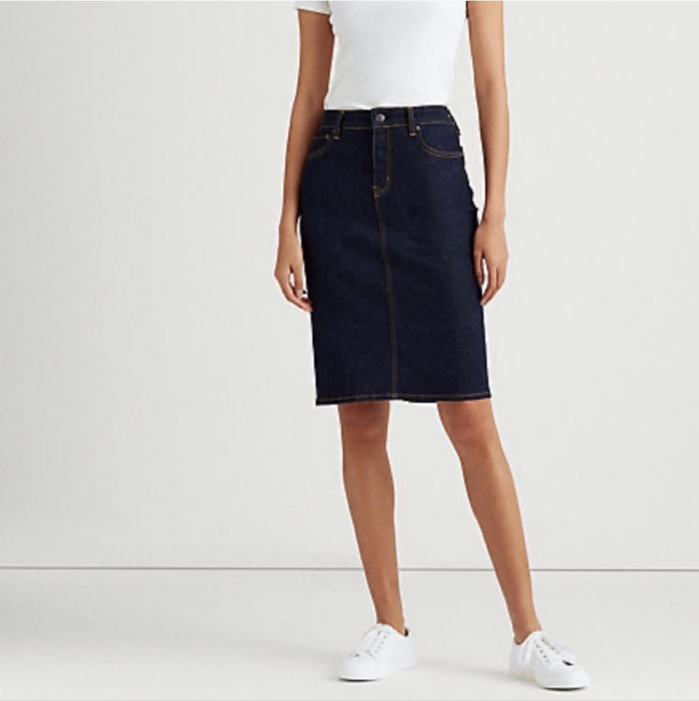 Lauren Ralph Lauren Denim Skirt | 16 | Dark Wash Stretch Cotton | Fall Classic